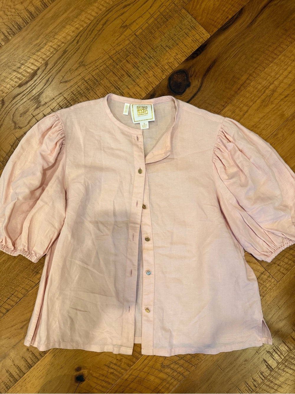 Emily McCarthy Pink Puff Sleeve Button Front Top